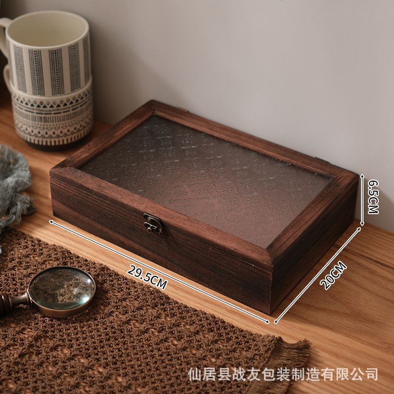 Retro trä dammtät förvaringslåda med fliplock i glas skrivbord smyckeskrin fukttät oxidationssäker verktygslåda för hemmabruk: Röd