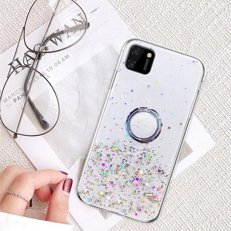 Auroras For Realme C11 Case Glitter Bling Sequins Starry Sky With Ring Shockproof For Realme C11 Cover: Clear With Ring