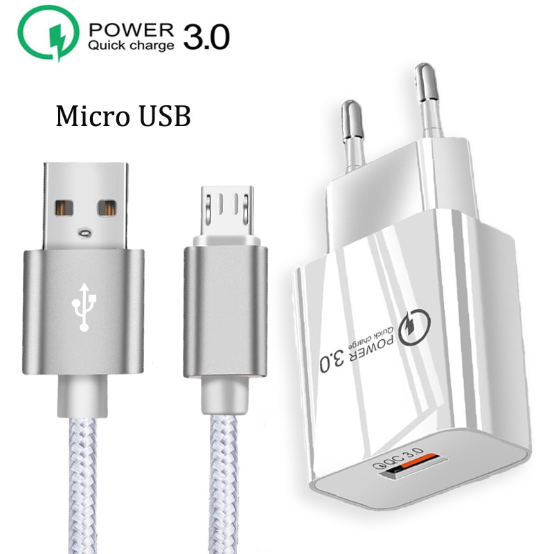QC 3.0 Fast Travel Charger Micro USB Cable For Samsung S5 S6 S7 Edge A10 M10 M20 OPPO A5 A9 A7 A1 A1K Phone Charger Cables