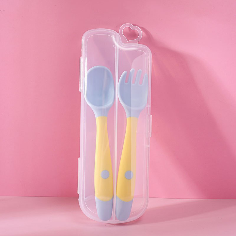 Baby Spoon Fork Set Toddler Infant Bendable Silicone Soft Spoons Learning Tableware Safe Feeding Flatware with Storage Box: Yellow with Box