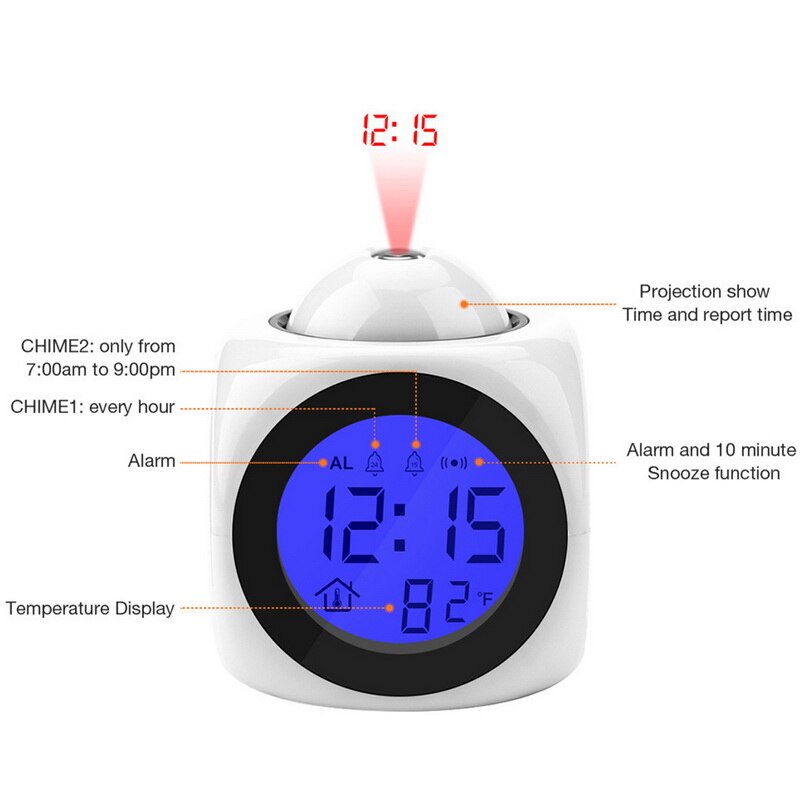 Attention Projection Digital Weather LCD Snooze Clock Bell Alarm Display Backlight LED Projector Home Clock Timer