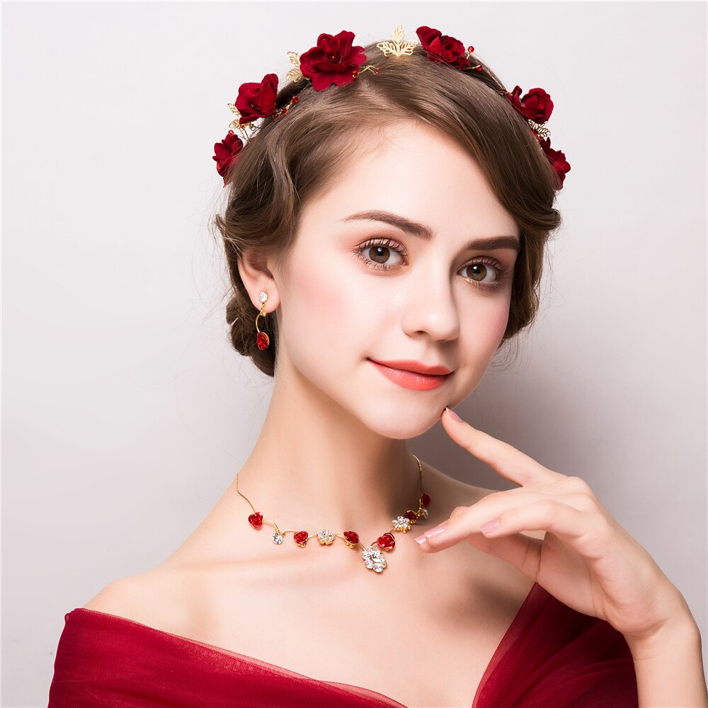 3PCS/Set Flower Jewelry Sets Red Floral Headband Bridal Wedding Headpiece Bijoux Women Party Necklace Earrings Handmade