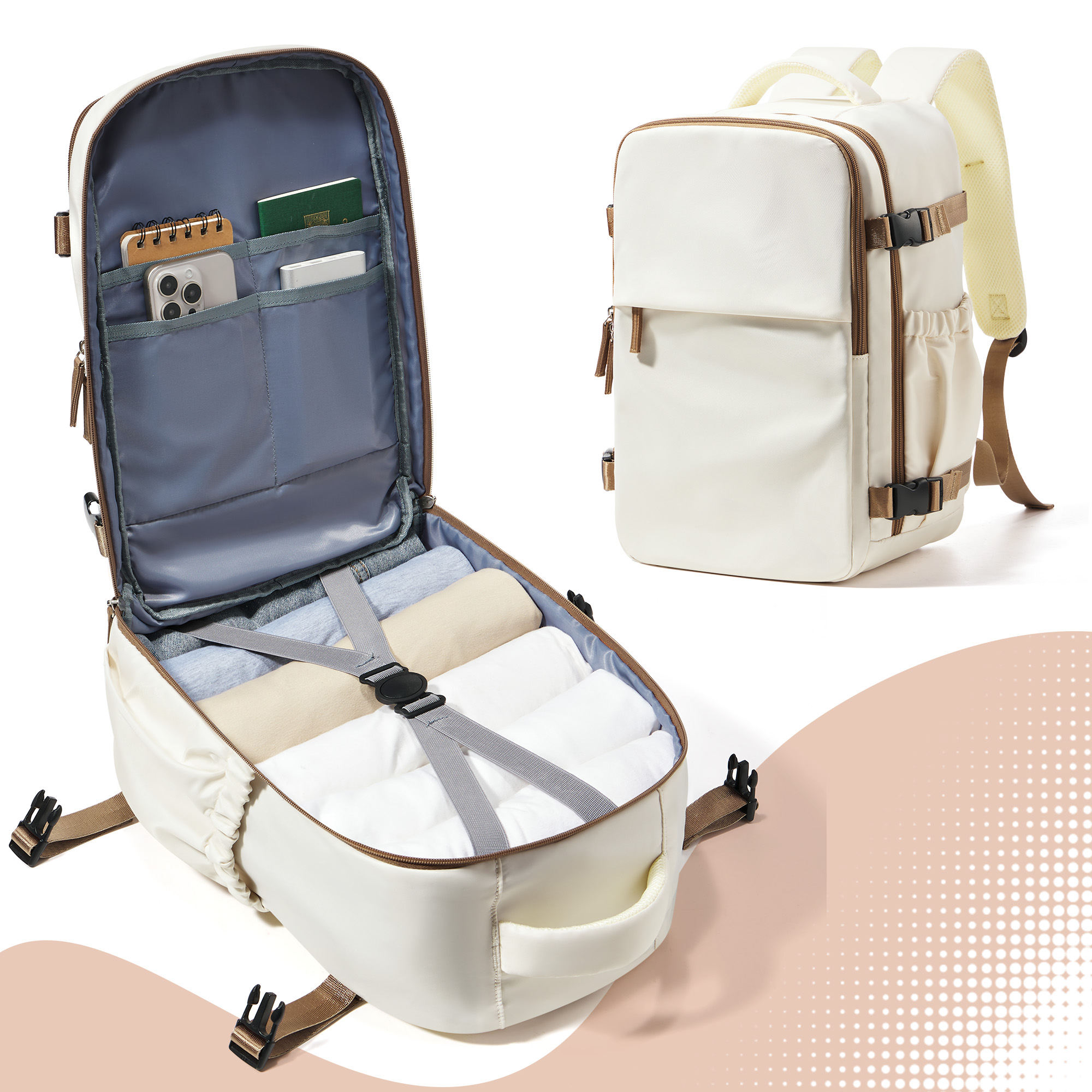 Zaino da viaggio Borsa da cabina 40x30x20 Wizzair trasportare-Ons, Aereo Uomo Donna Zaino per computer portatile da 15,6 pollici, Impermeabile casuale Bussiness: Beige