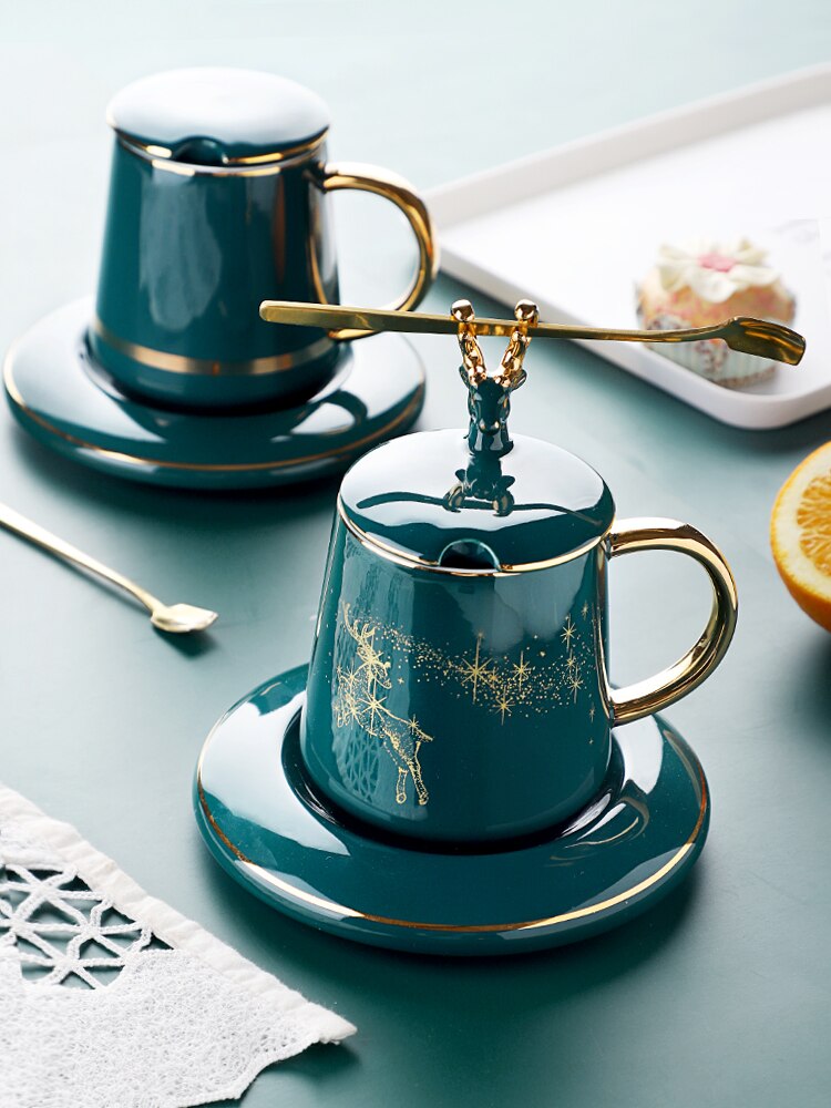 Green European Style Ceramic Cup and Saucer Set Reuseable Cappuccino Cup Filizanki Do Kawy Mug BD50CS