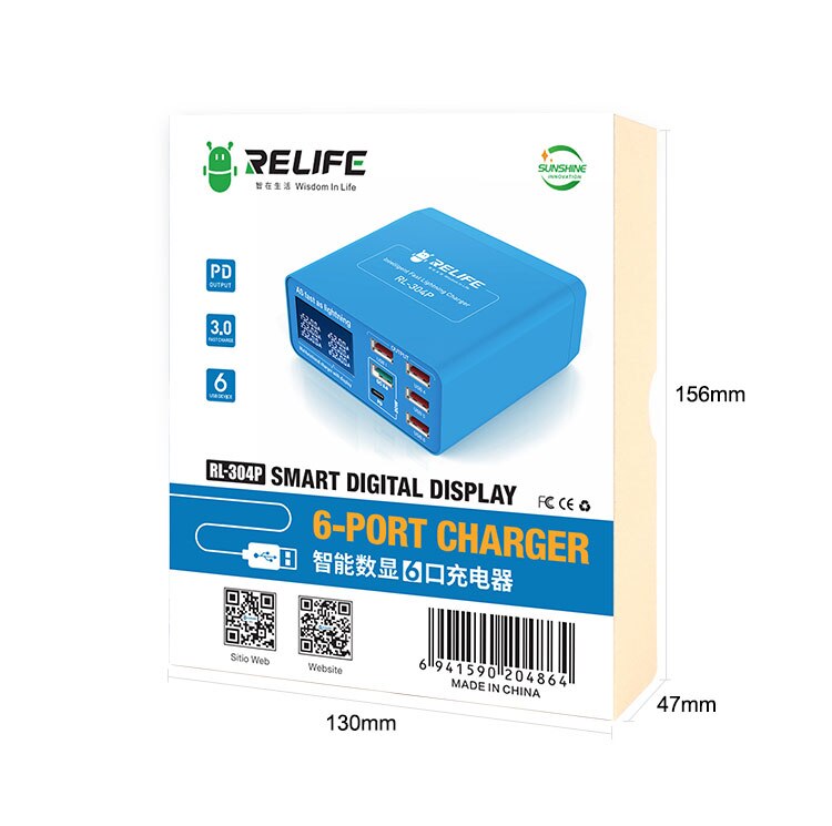 Sunshine relife 304p smart 6 -port usb-ladegerät mit digitalanzeige und lightning-anschluss für iphone, samsung, huawei, xiao, vivo und opop