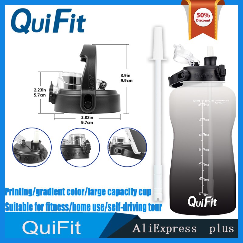 QuiFit water bottle 3.8L bouncing lid gallon water bottle cuptime stamp trigger no BPA, sports phone holder fitness water bottle: grey black