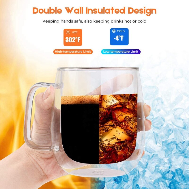 Dubbelwandige glazen koffiemokken theekopjes set  of 2,  thermisch geïsoleerd en geen condensatie met brede handgreep  (300ml)