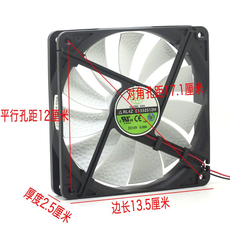 For GLOBE FAN RL4Z S1352512H RL4Z B1352512H DC 12V 0.33A 13.5CM 135mm fan pc chassis power cooling fan 135x135x25mm cooler: S1352512H White