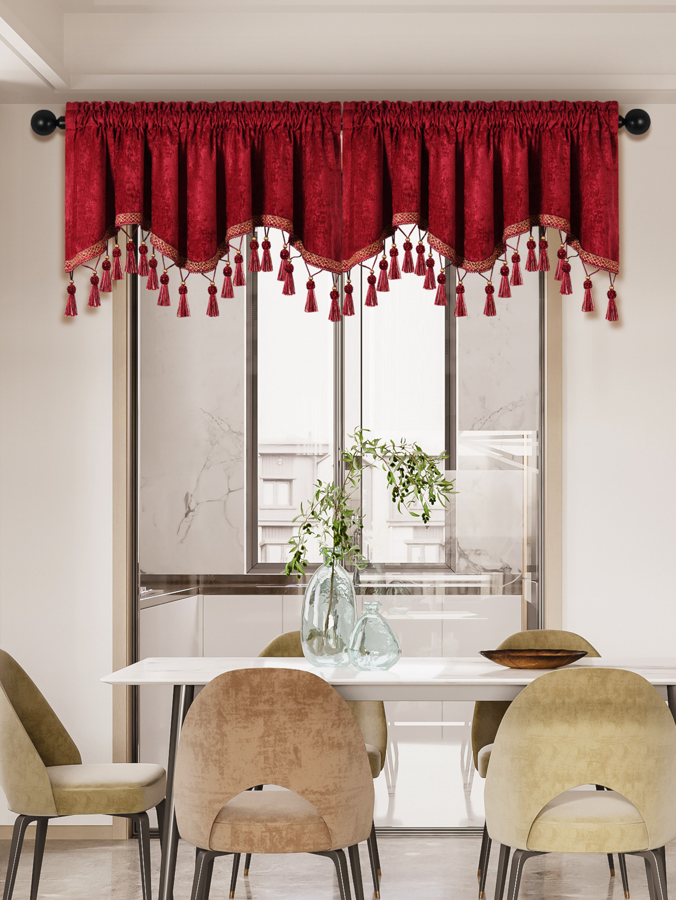 1Pc Eenvoudige Europese Stijl Gordijn Valance Voor Woonkamer, Staaf Zak, S-Vormige Valance Met Kwastjes Voor Raam Decor