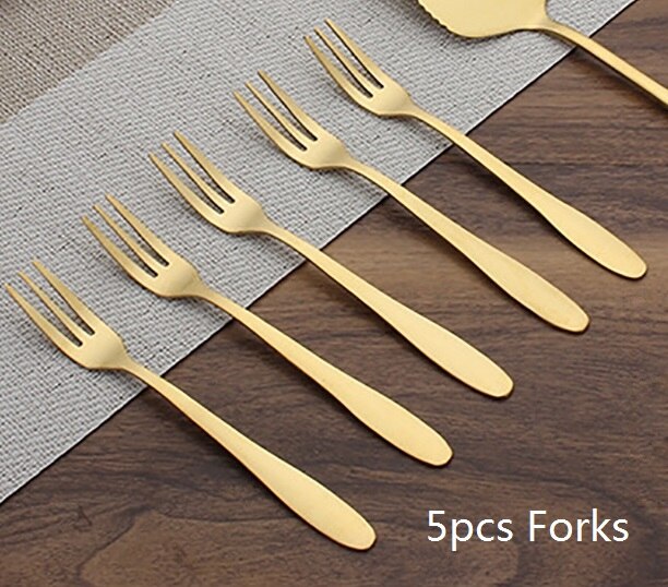 Guld kage spatel gafler sæt rustfrit stål eftermiddagskage skovl dessert frugt gaffel bryllup fødselsdag kage server sæt: 5 stk gafler