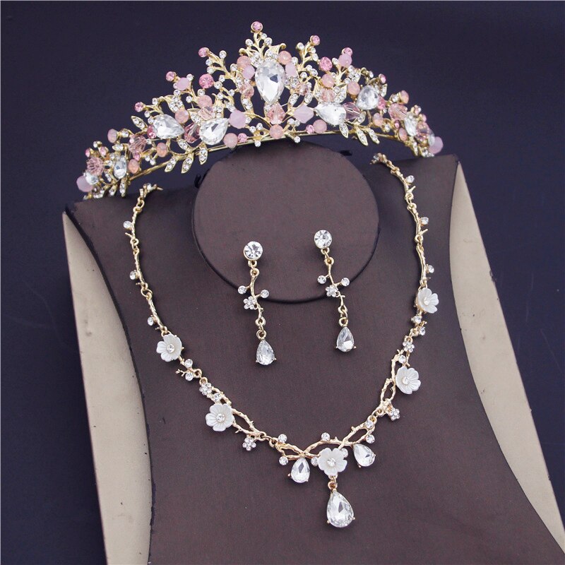 Barok Bloem Kristal Bruids Sieraden Sets Voor Vrouwen Luxe Strass Tiara Kroon Ketting Oorbellen Bruiloft Sieraden Set: Pink Sets