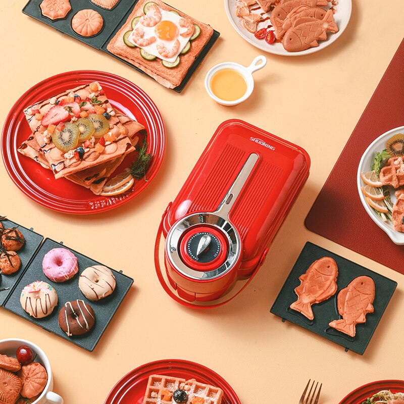 Sandwichera eléctrica de 650W con temporizador, máquina para hacer gofres, tostadora, máquina de desayuno Takoyaki, tortitas, Donuts, Sandwichera de 220V
