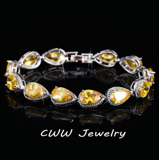 CWWZircons 2024, accesorios de para mujer, pulsera de piedra CZ con forma de gota de agua de circonia cúbica de lujo para joyería de boda nupcial CB135: Bañado en rodio de imitación