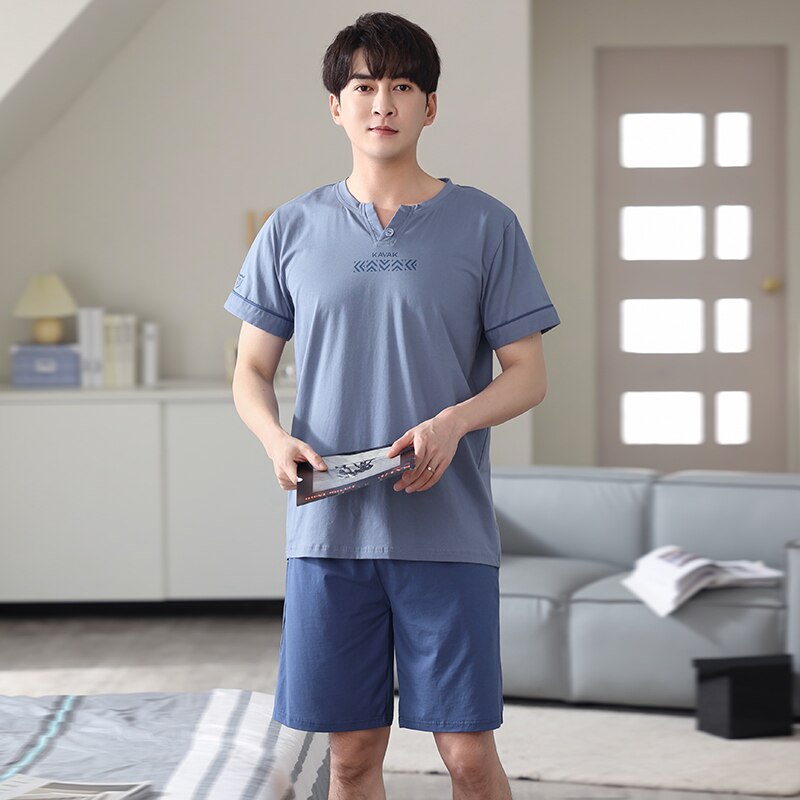 Men Pajamas Set 100% Cotton Short Sleeve Sleepwear Male Pyjamas Casual Home Clothing