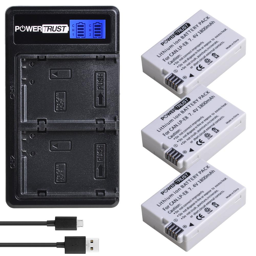 Cargador y baterías de LP-E8 de 1800mAh para Canon LP E8, Compatible con Canon EOS Rebel T3i T4i T5i EOS 600D 650D 700D Kiss X4 X6: 3 pack kit