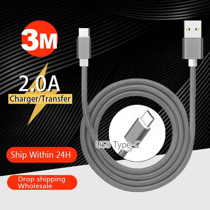 2.0A Effen Kleur Usb-kabel Type-C Telefoon Opladen 3M Fast Charger Cord Voor Huawei P20 Samsung Xiaomi lader Kabel Draad Weave