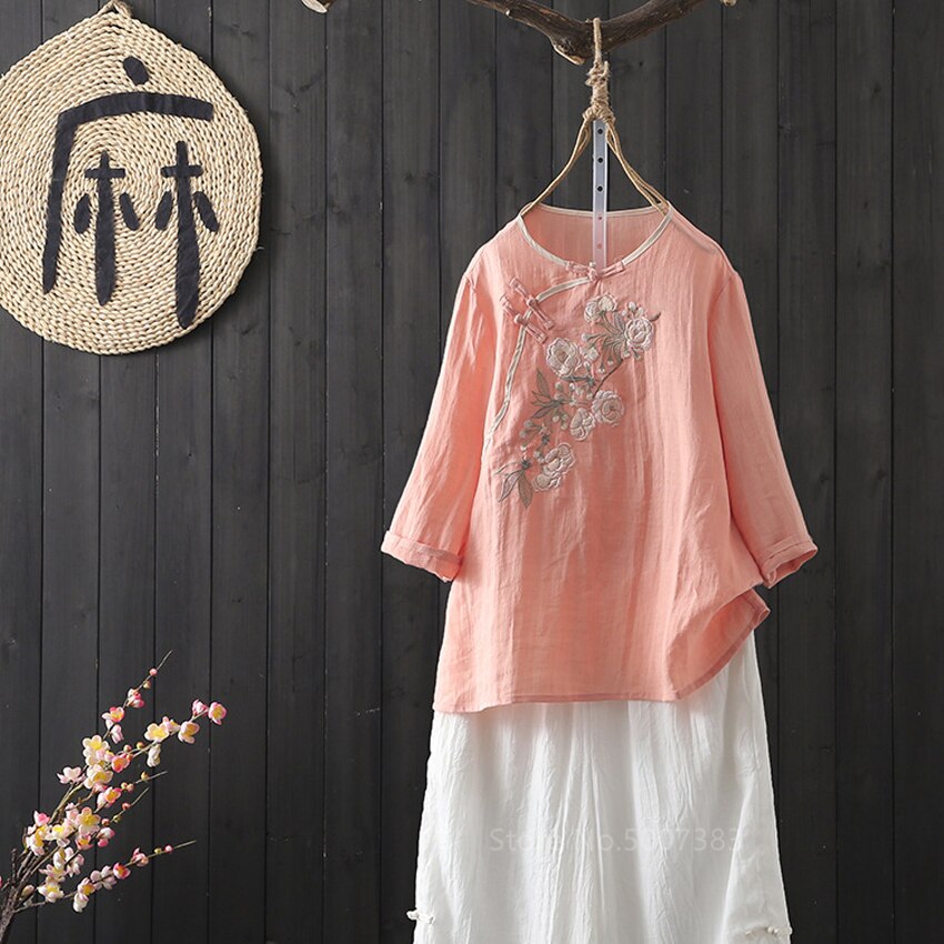 Kvinder kinesisk tang jakkesæt top traditionel stil kvindelig te ceremoni linned outfit blomster broderi kostumer piger bluser skjorter