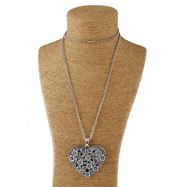 1pcs Antique Sliver Statement Large Abstract Metal Heart Pendant Long Curb Chain Lagenlook Necklace for Women: 8