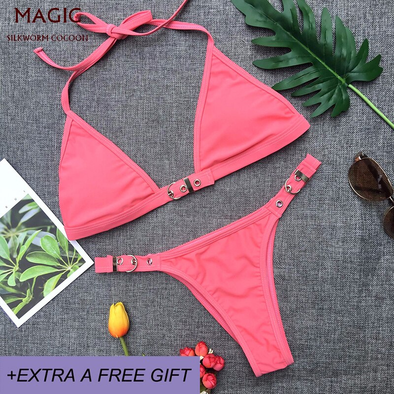 4 colors women bikini set beach chest adjustment buckle swimwear female swimsuit Low waist swimming suit blue bathing suit: Pink / M