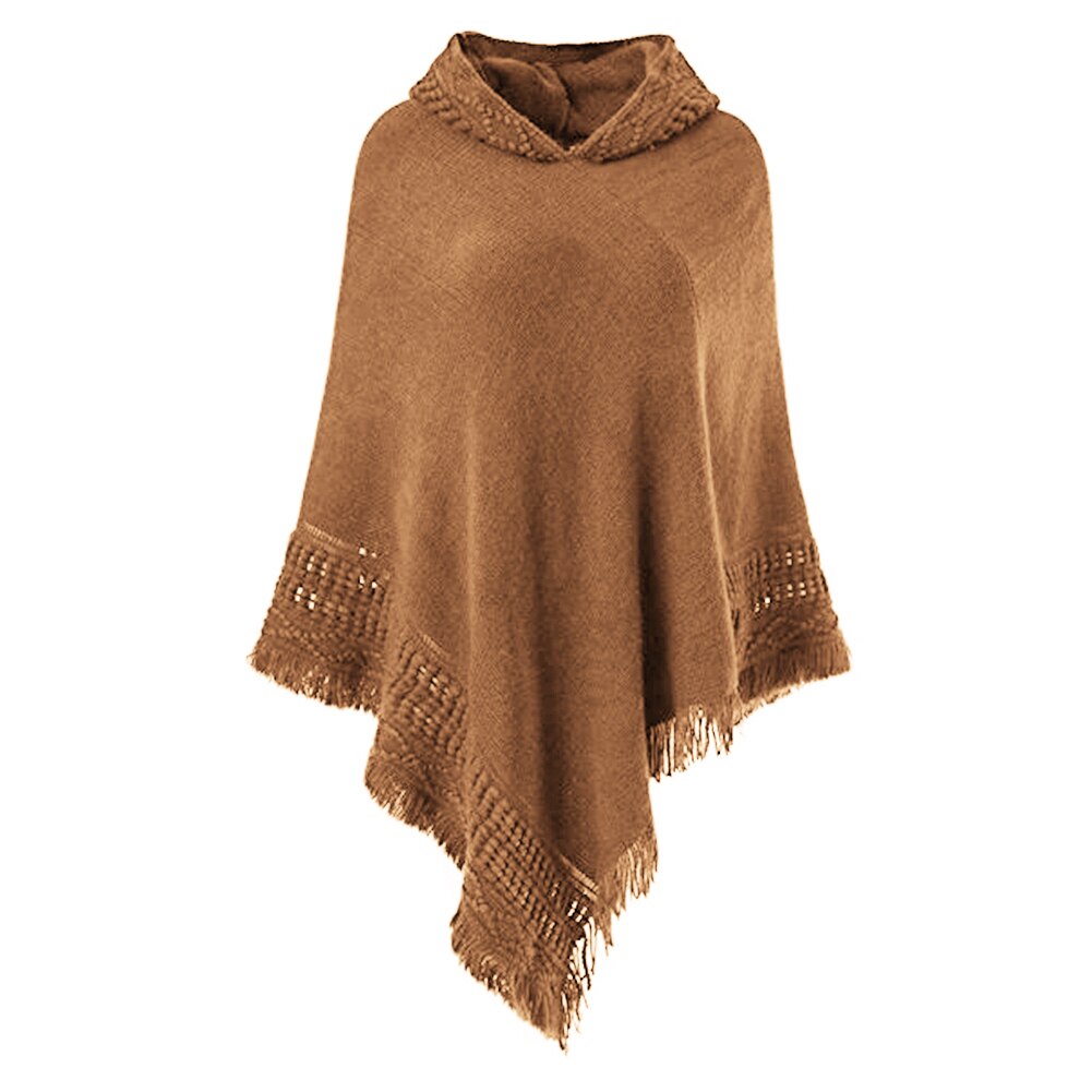 Automne hiver femmes tricot haut à manches chauve-souris Poncho Cape Cardigan manteau chandail décontracté lâche irrégulière ourlet gland Cape: Camel