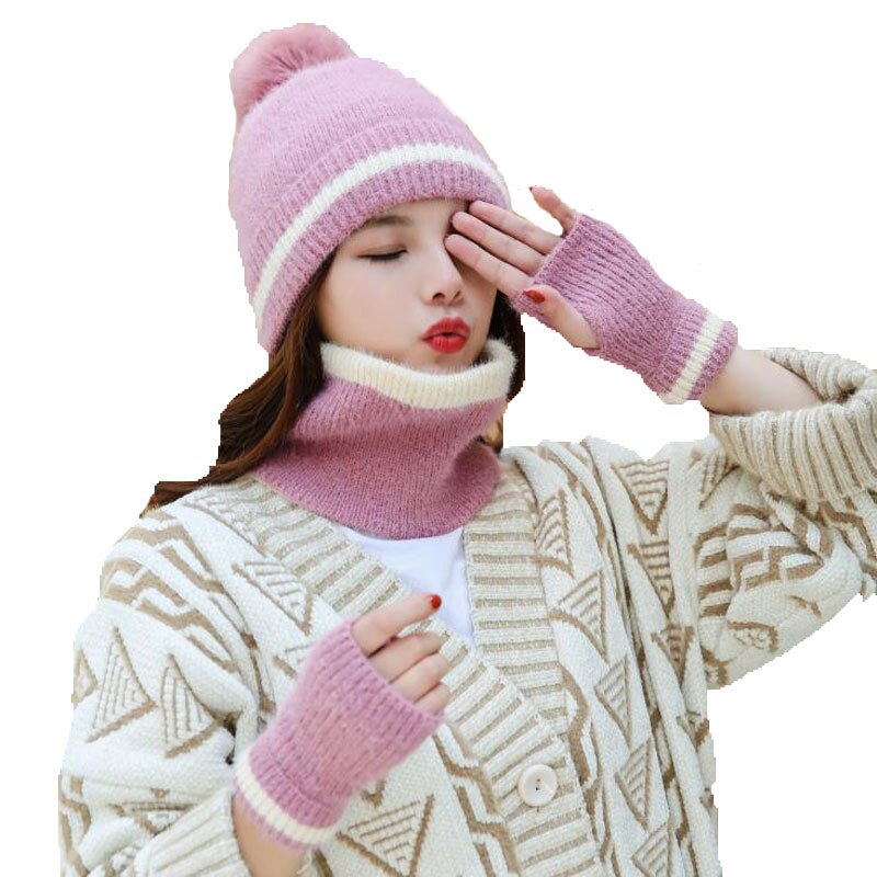3 stk sæt hue tørklæde handsker kvinder hæklet hue pels uld strik tyk strikket hue vinter hue kvinde plys ball pom pom hue hue