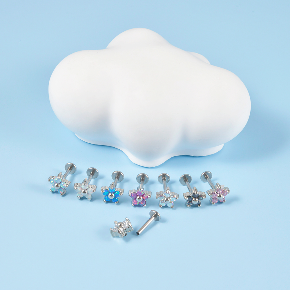1PC G23 Titanium&Steel Opal Gem Labret Lip Ring Cubic Zircon Flower Ear Cartilage Tragus Helix Piercing Jewelry 16g
