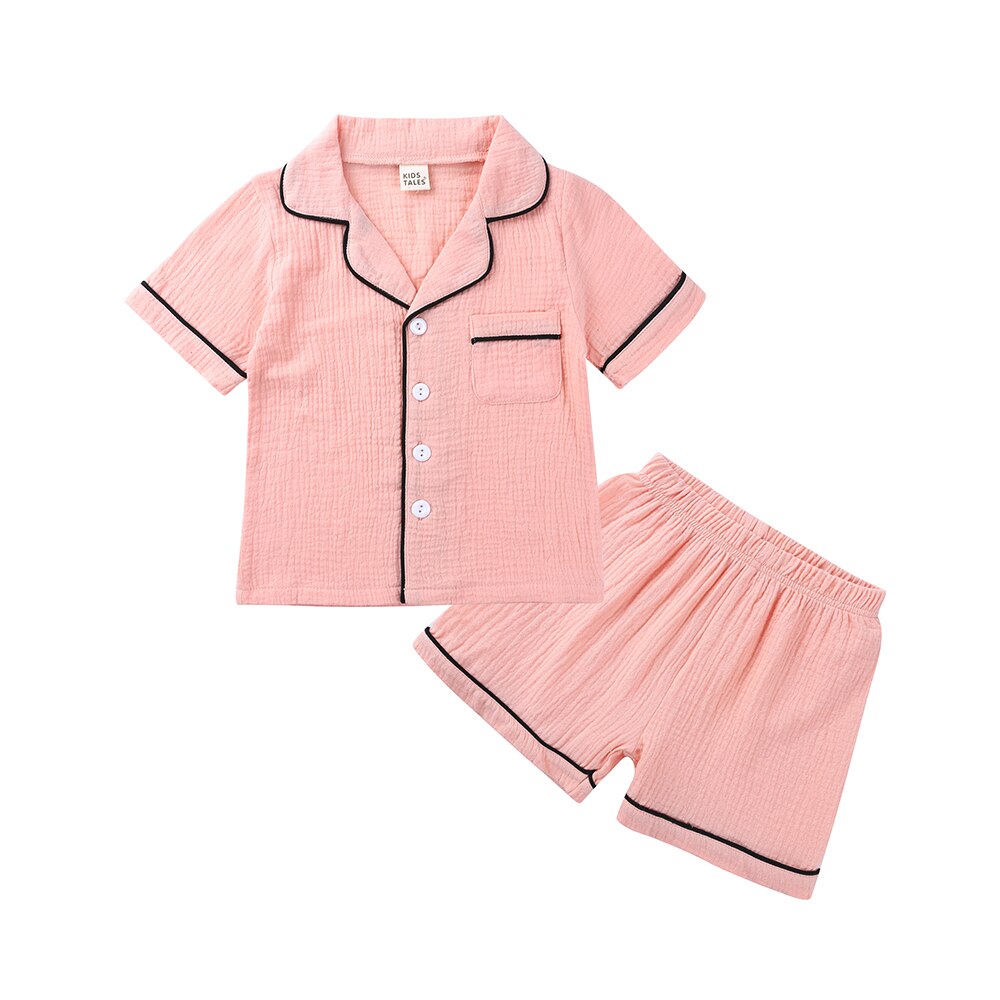 freundlicher Jungen Mädchen Baumwolle Leinen 2 Stück Kleinkind Kurz Sleve Taste Nieder Kragen Hemden + kurze Hose lässig Loungwear freundlicher Kleidung einstellen: rosa / 5-6T