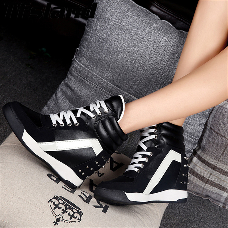 Autumn Women Height Increasing Platform Shoes Women Breathable Patchwork Wedge Shoes Rivet High Top Walking Shoes Sneakers