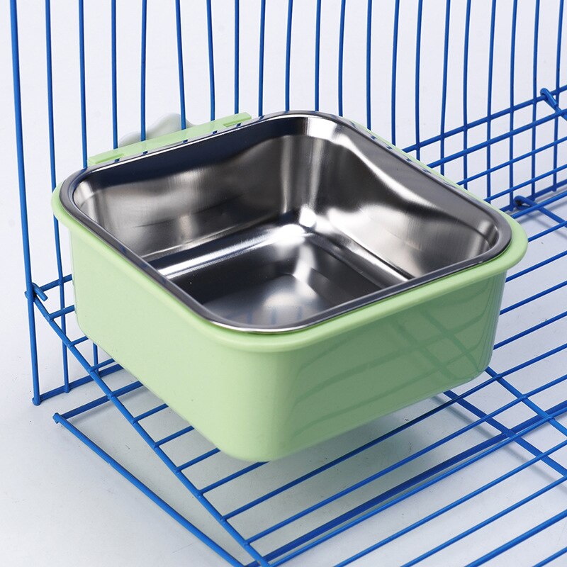 2 i 1 kvadratisk liten kjæledyrkatt hundefôr hengende skål rustfritt stål plast ekorn kanin marsvin matskål fett: Grønn / Indre dia 12 x 5.5cm