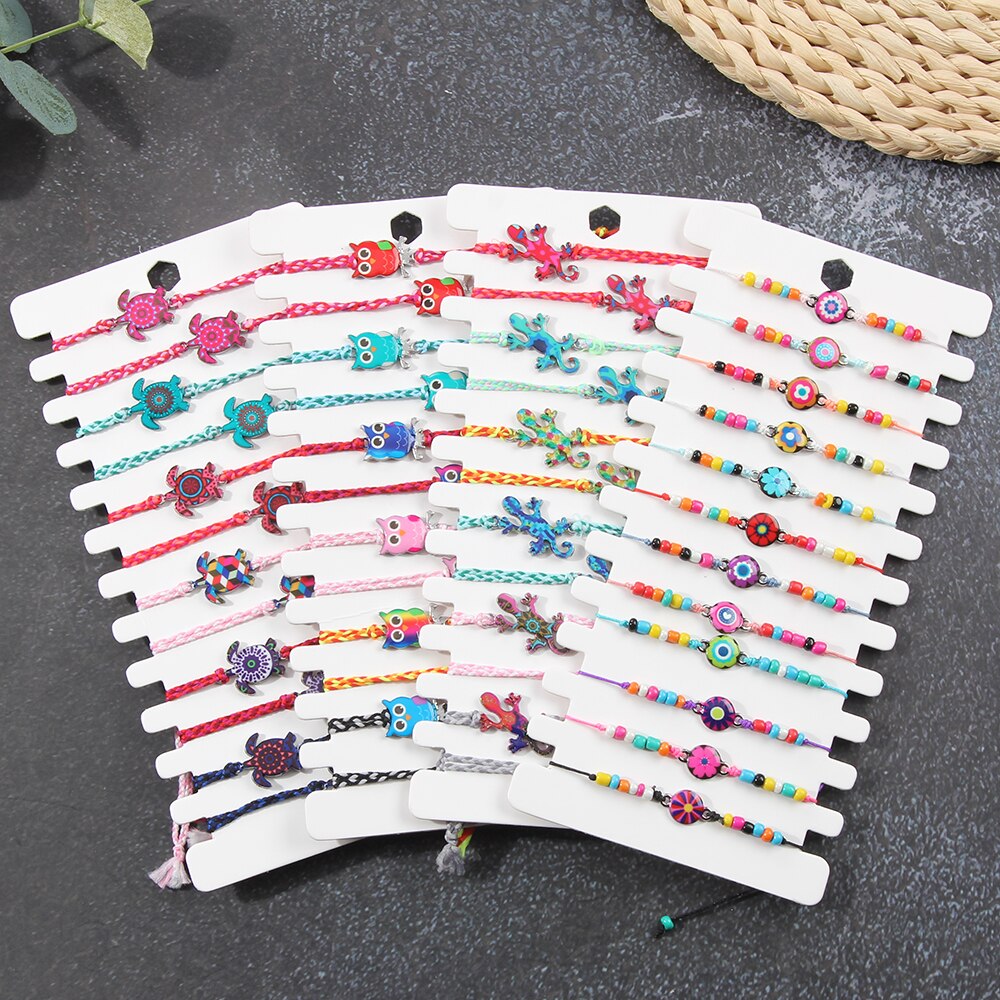 12 stück/set niedliches katzenkopf-schildkröten-anhänger-armband, gewebte spitze, verstellbares einhorn-delfin-armband, fußkettchen, damen-, mädchen- und kinderschmuck