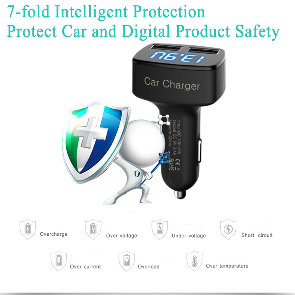 4 in 1 Car Charger Dual USB Phone Charger 5V 3.1A Car-Charger with Voltage/temperature/Current Meter Tester Digital LED Display