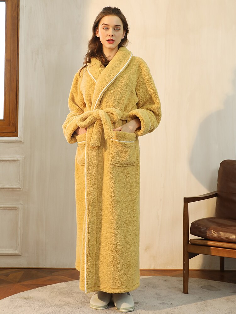 Bata larga y cálida de lana para hombre y mujer, albornoz grueso y suave, bata de baño cálida para invierno: Yellow / M