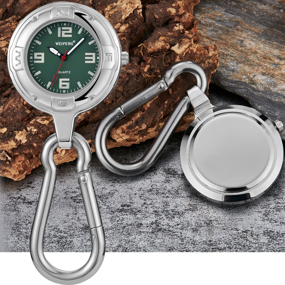Haak clip zilveren quartz zakhorloge lichtgevende wijzers karabijnhaak voor klimmers gemakkelijk mee te nemen gladde ronde wijzerplaat outdoor horloge