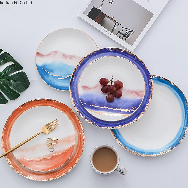 Plato de cerámica de estilo nórdico Phnom Penh, plato de comida occidental, platos de paisaje de nubes para banquetes, plato de ensalada para desayuno en casa