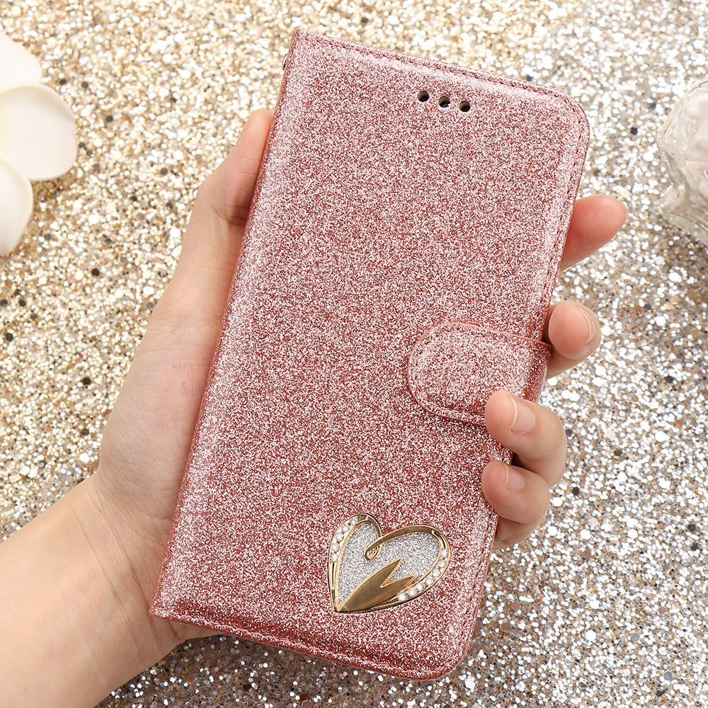 LAPOPNUT Magnetischen Flip Leder Brieftasche Glitter Strass Herz Abdeckung Fall für Iphone 11 Pro Xr Xs Max X 8 7 plus 6 6s 5 5s SE