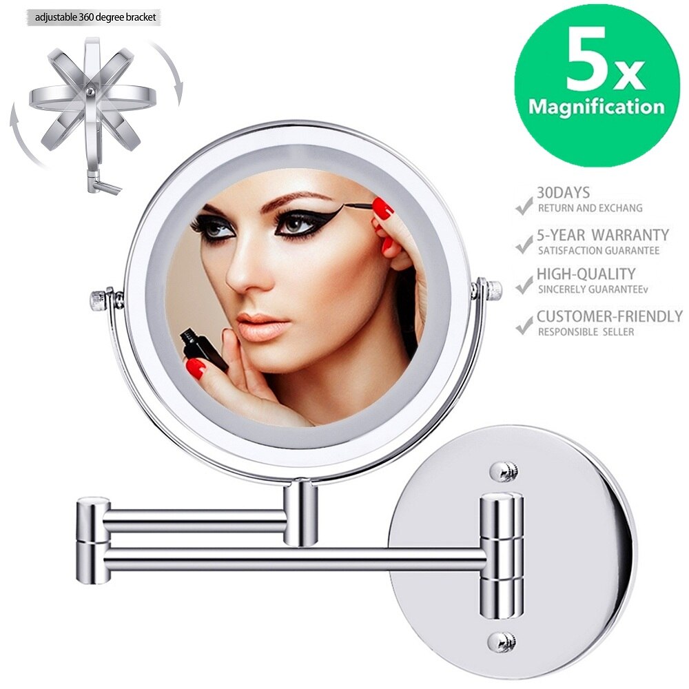 Led Muur Gemonteerde Make-Up Spiegel, 1X/5X Vergrootglas 360 ° Draaibare Verlichte Uitschuifbare Cosmetische Swivel Spiegel Met Licht