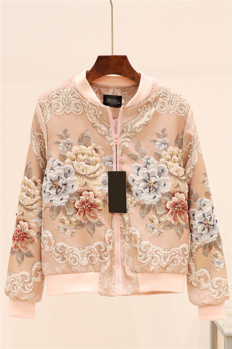 vintage Jacquard Satin embroidery jacket for woman beading floral embroidery long sleeve pink Baseball coat runway outfit