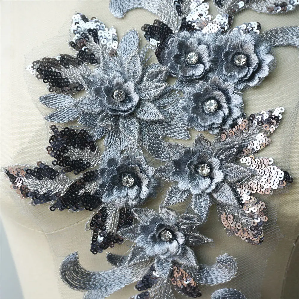 Goud Zilver Blauw Rood Kant Stof Pailletten 3d Bloemen Strass Trouwjurk Appliques Borduurwerk Naai Patch Voor Jurk Diy Decor