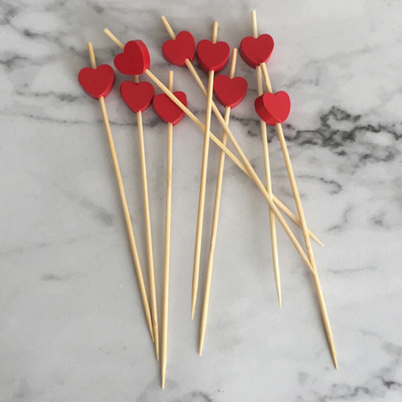 100 Pcs 12mm Love Fruit Sticks Disposable Platter Sushi Cocktail Snack Bamboo Sticks: 100pcs red