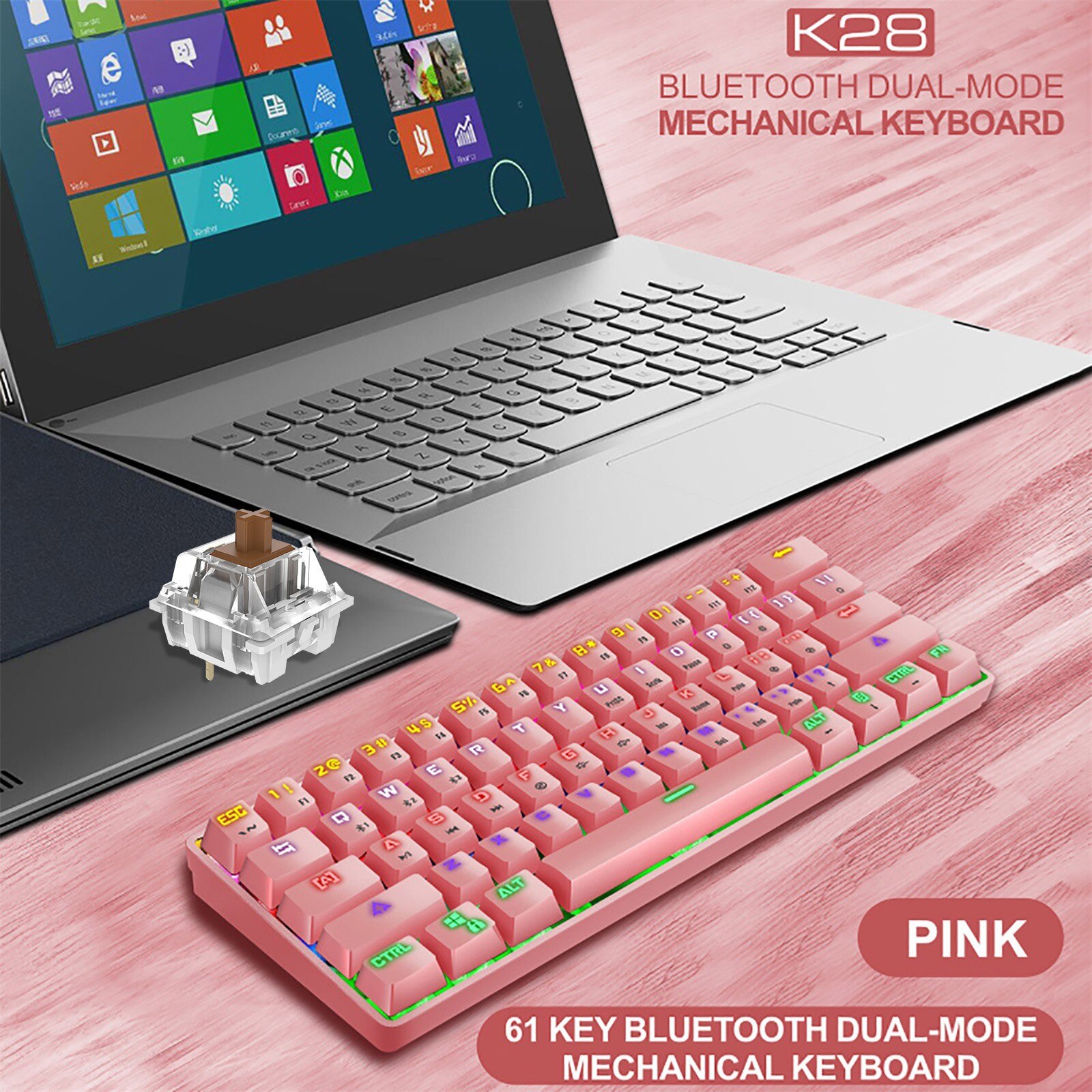 K28 Sans Fil Bluetooth 61 touches bi Rvb Rétroéclairé Clavier De Jeu Mécanique Étanche Divertissement Pour Ordinateur De Bureau Gamer