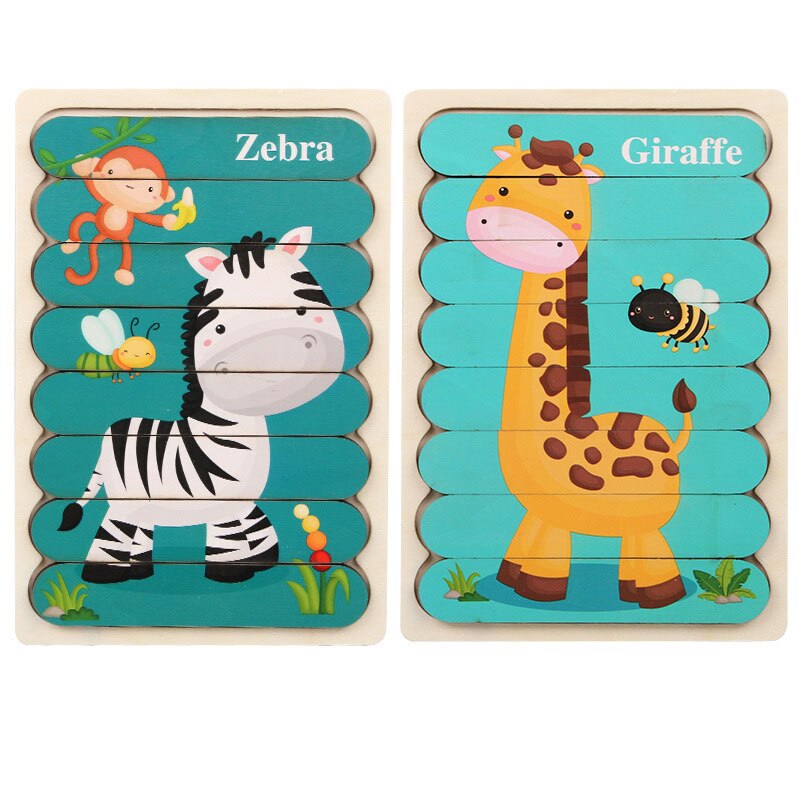 2Pcs Kids 3D Strip Jigsaw Puzzle Cartoon Animals/traffic Wooden Toy Early Learning Toys For Children Montessori Educational: 09