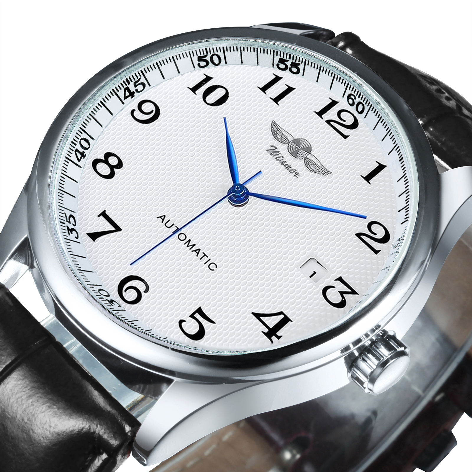 Winner Klassische Business-Armbanduhr für Herren, Retro-Kalender, blaue Zeiger, automatische mechanische Uhren, Top, Luxus-Stahl-Ledergürtel: Kaffee