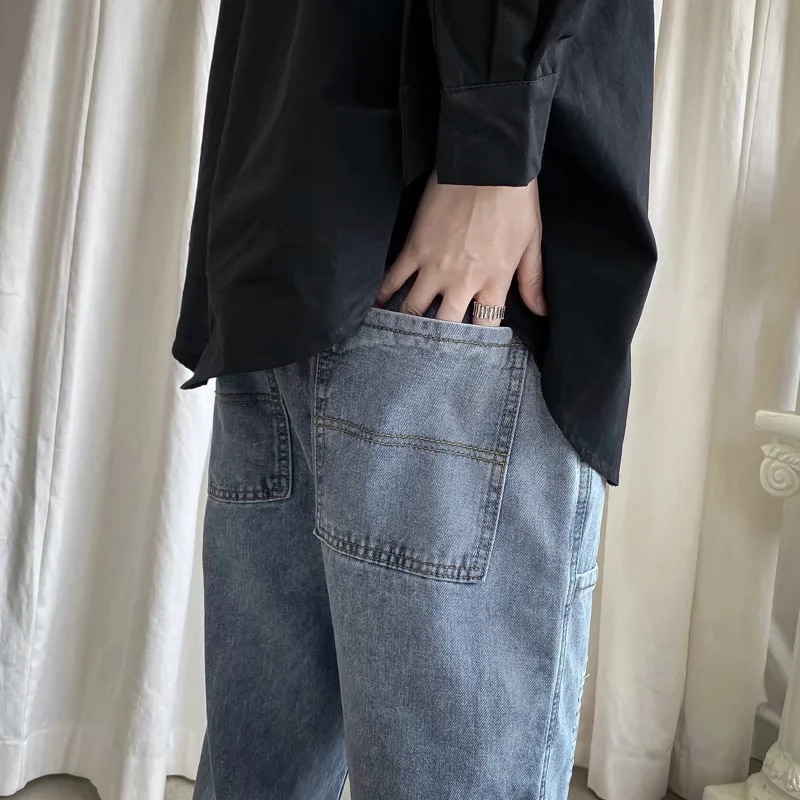 Homme jean pantalon jambe droite jeune élastique cordon ceinture jeune shalwar garçon décontracté pantalons large jambe baggy pantalon bleu