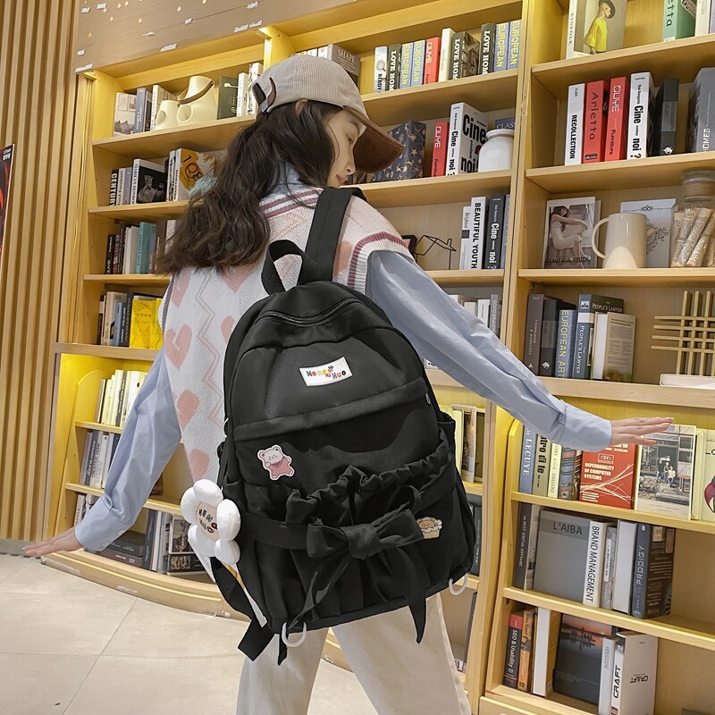 Korean Style Women Sweet Backpack Large Capacity Open Pockets Kawaii Female Bow School Bags for teenager Girls Travel Backpacks: black / Only-Bag