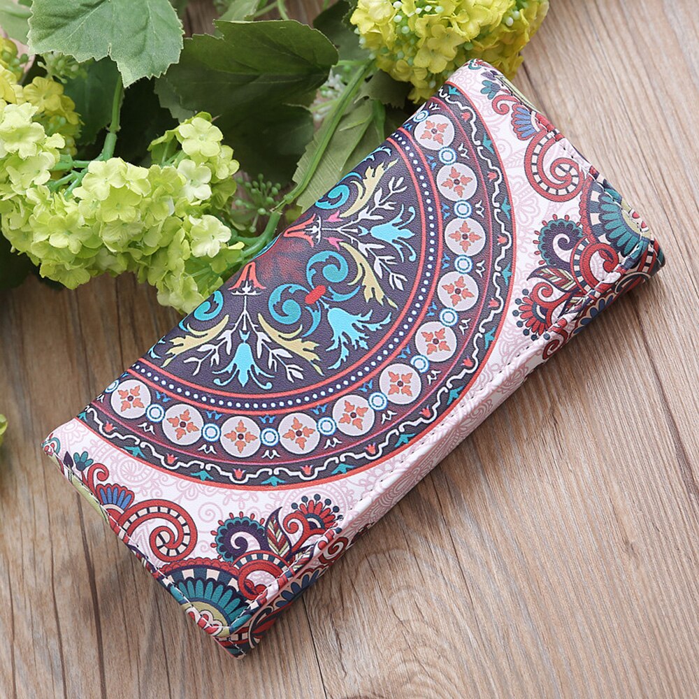 Retro kvinner skinn lang lommebok kortholder telefonveske etui med blomstertrykk clutch veske dame håndveske myntlomme: E