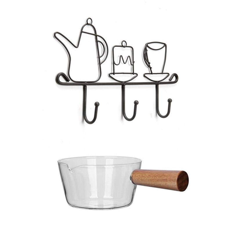 Wall Mounted Hooks Rack,11 Inches Iron 3 Hooks with Glass Milk Pot with Wooden Handle 400Ml Cooking Pot