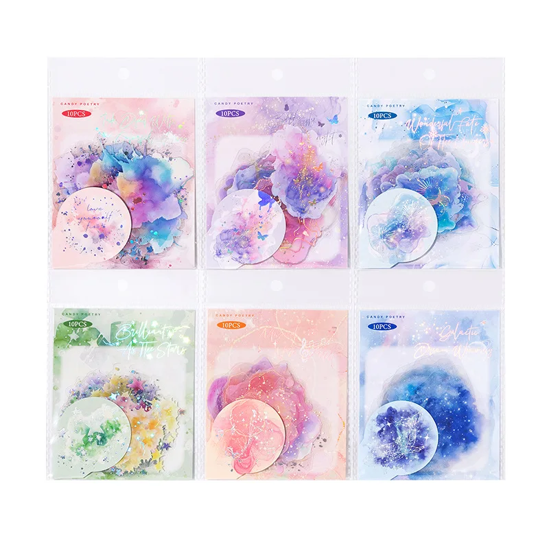 10 Pcs Colorful Series Decorative Sticker Watercolor Foil Stamping Collage Scrapbooking Label Diy Diary Journal Planner