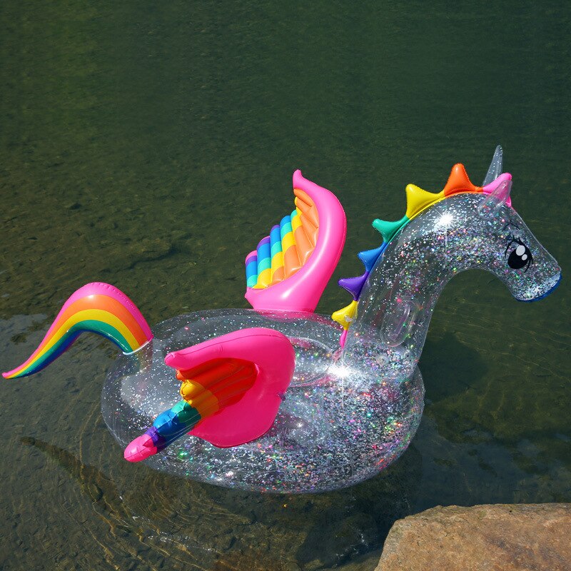 180cm Aufblasbare Holographische funkeln Einhorn Schwimmbad schweben transparent Regenbogen Pegasus Pferd Schwimmen Ring Erwachsene freundlicher Wasser Spaß Spielzeug