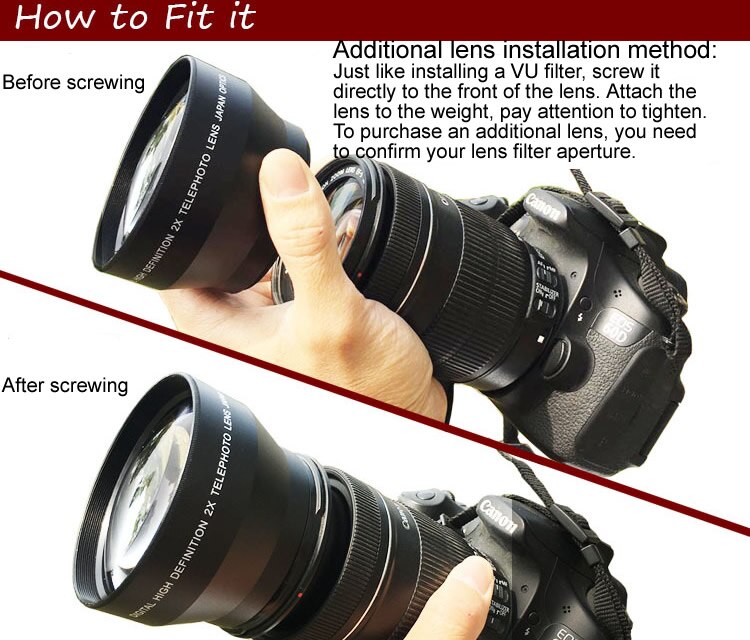 Objectif de caméra objectif de téléconvertisseur longueur focale 2.0X objectif supplémentaire 49/52/55/58mm objectif reflex télescope étendu