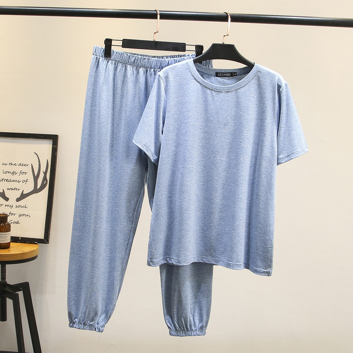 Kvinder sommer hjemmetøj dame todelt sæt ensfarvet kvindelig t-shirt + bukser plus størrelse kvinders sove & lounge  f11-3020
